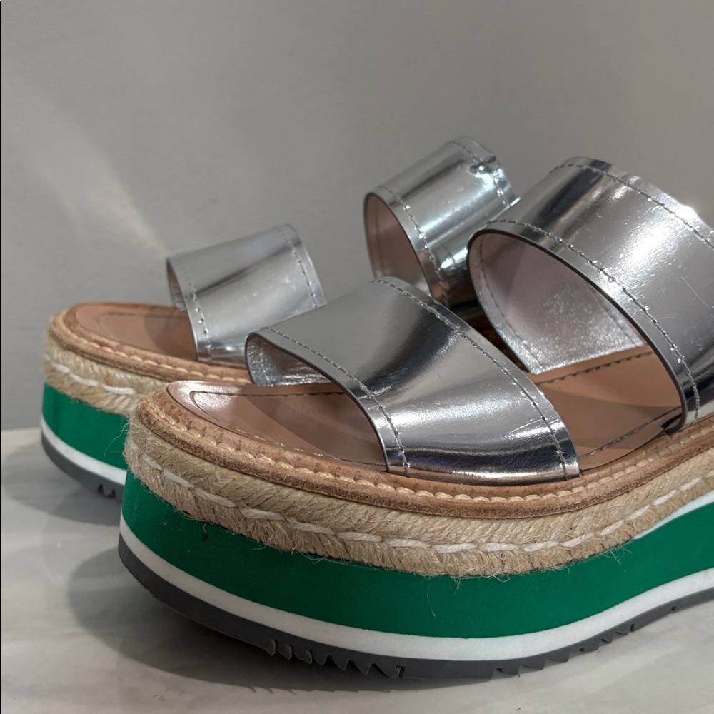 Prada Silver and Green Platform Metallic Two Band Espadrille Slides 37.5 7.5 - Picture 5 of 13